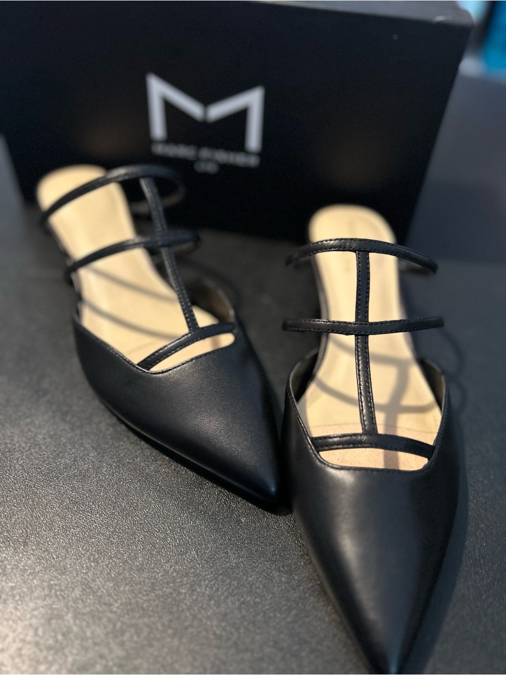Marc Fisher Black Pointed T-Strap Flats